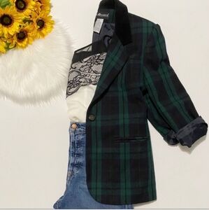 Vintage Sag Harbor Tartan Plaid Blazer Green Oversized 6P Black Velvet collar